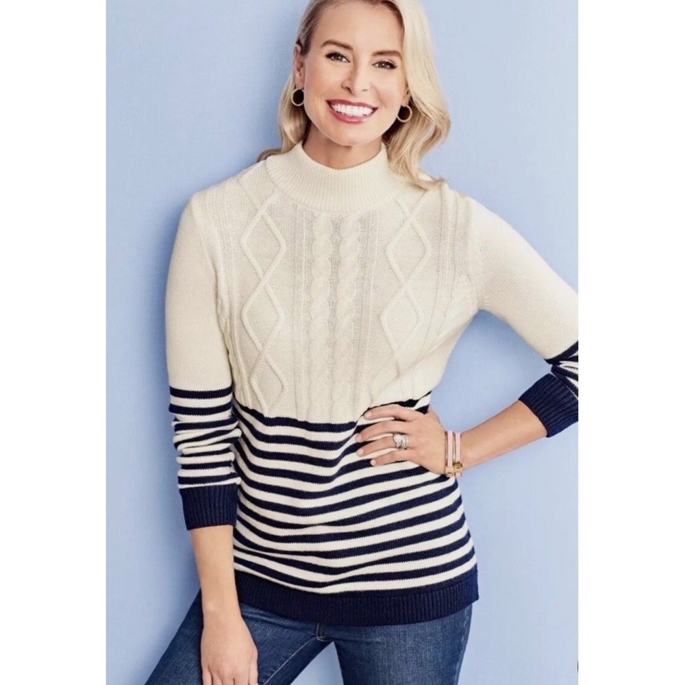 Talbots‎ Cable Knit Navy Striped Nautical Fishermans Sweater L Cashmere Blend
